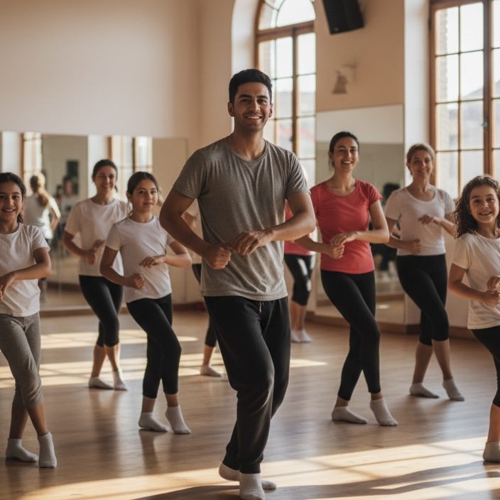 Grupo de personas bailando en una sala con grandes ventanales.