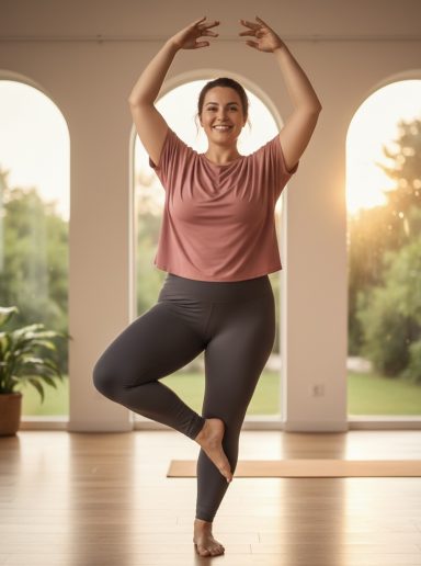 Clases Online en EDN Mujer haciendo danza guiada en posición de equilibrio, sonriente, con luz natural de fondo.