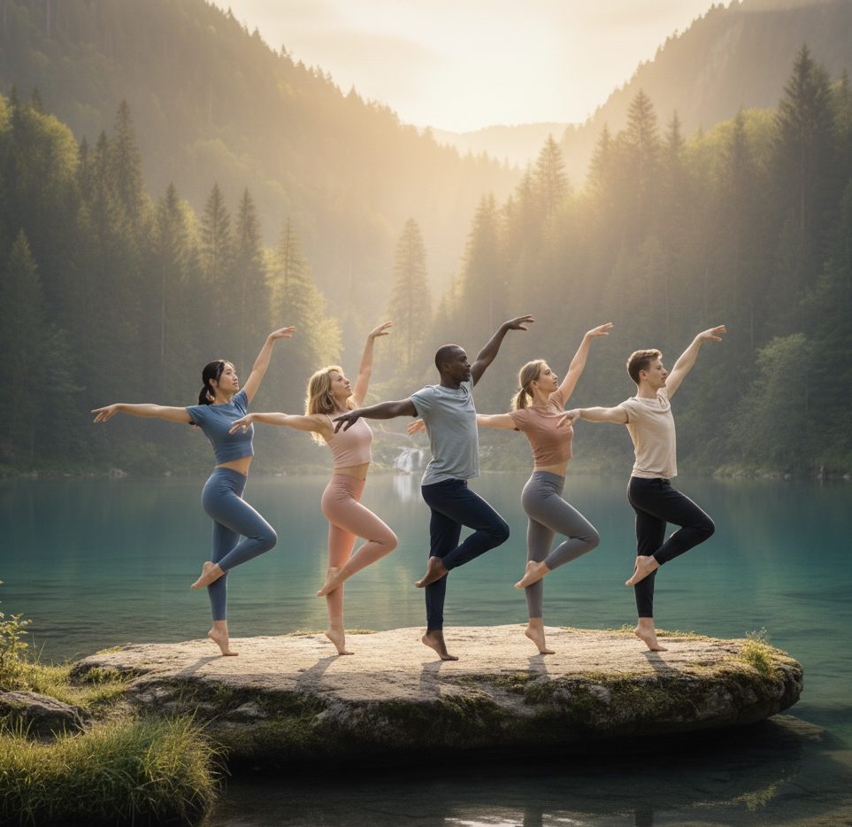 Danza Guiada Grupo de personas practicando danza guiada junto a un lago rodeado de montañas.